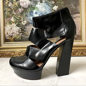 RACHEL ZOE Elliot Spazzolato black leather cutout chunky platforms